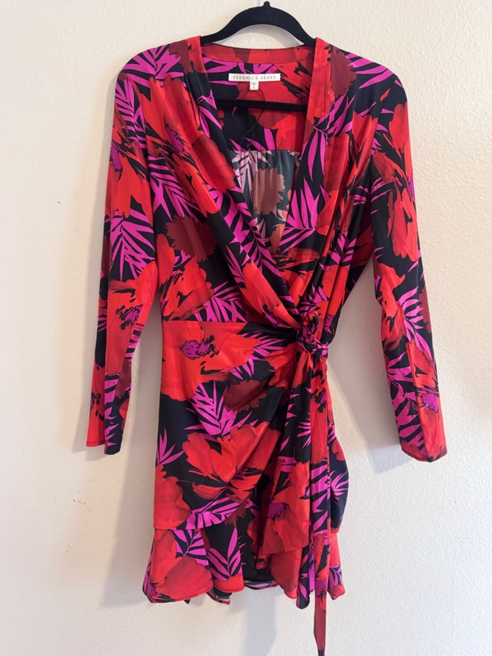Veronica Beard Red & Pink Floral Long-Sleeve Wrap Dress, Size 6